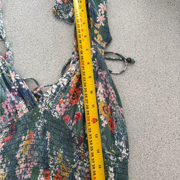 Vintage Multicolore Floral Green Midi Dress Large Slit Tied back Cottagecore - Picture 12 of 12
